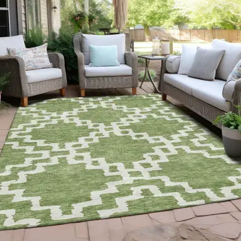 9' X 12' Artichoke Green And Ivory Geometric Washable Indoor Outdoor Area Rug