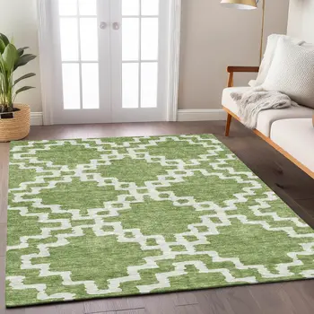 9' X 12' Artichoke Green And Ivory Geometric Washable Indoor Outdoor Area Rug