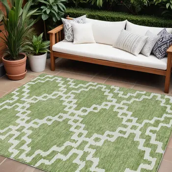 10' X 14' Artichoke Green And Ivory Geometric Washable Indoor Outdoor Area Rug