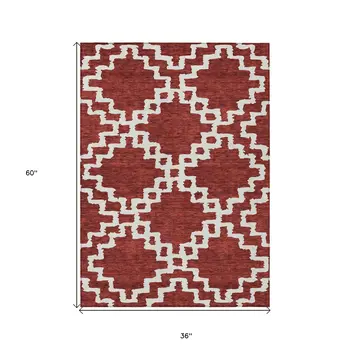 3' X 5' Brick Red And Ivory Geometric Washable Indoor Outdoor Area Rug