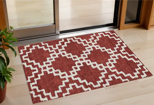 3' X 5' Brick Red And Ivory Geometric Washable Indoor Outdoor Area Rug