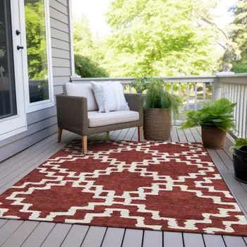 3' X 5' Brick Red And Ivory Geometric Washable Indoor Outdoor Area Rug