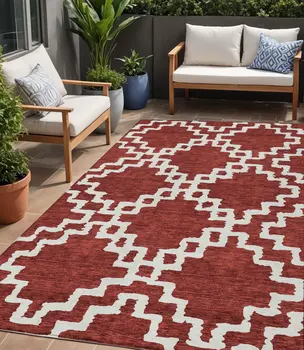 5' X 8' Brick Red And Ivory Geometric Washable Indoor Outdoor Area Rug