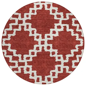 8' Brick Red And Ivory Round Geometric Washable Indoor Outdoor Area Rug