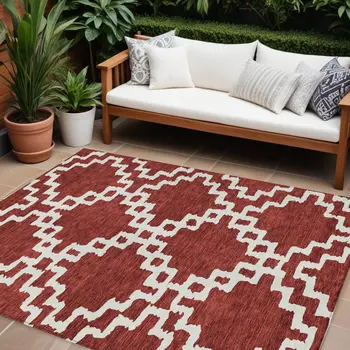 9' X 12' Brick Red And Ivory Geometric Washable Indoor Outdoor Area Rug