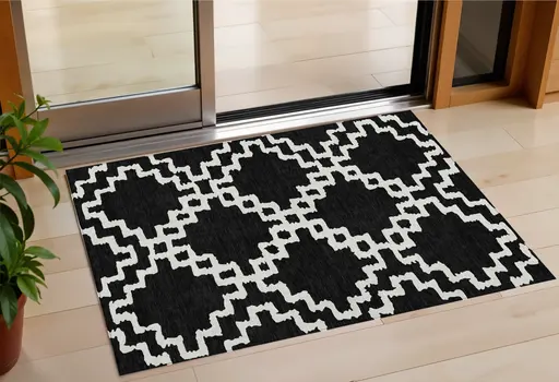 3' X 5' Black And Ivory Geometric Washable Indoor Outdoor Area Rug