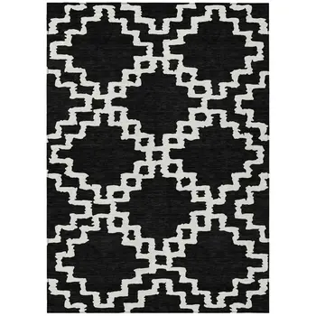 3' X 5' Black And Ivory Geometric Washable Indoor Outdoor Area Rug