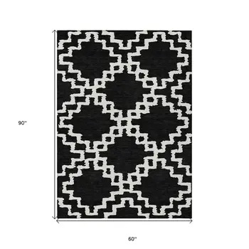 5' X 8' Black And Ivory Geometric Washable Indoor Outdoor Area Rug