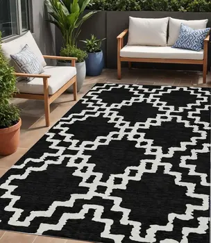 5' X 8' Black And Ivory Geometric Washable Indoor Outdoor Area Rug