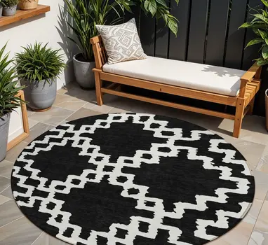 8' Black And Ivory Round Geometric Washable Indoor Outdoor Area Rug