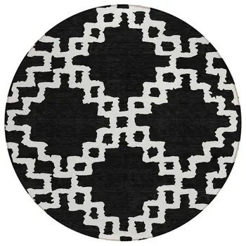8' Black And Ivory Round Geometric Washable Indoor Outdoor Area Rug