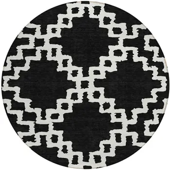 8' Black And Ivory Round Geometric Washable Indoor Outdoor Area Rug