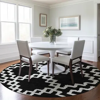 8' Black And Ivory Round Geometric Washable Indoor Outdoor Area Rug