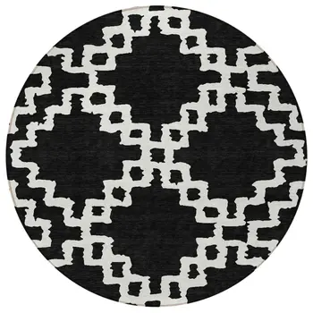 8' Black And Ivory Round Geometric Washable Indoor Outdoor Area Rug
