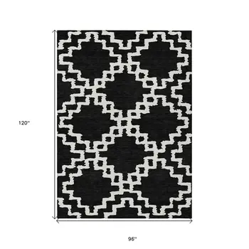 8' X 10' Black And Ivory Geometric Washable Indoor Outdoor Area Rug