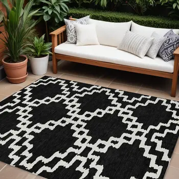 9' X 12' Black And Ivory Geometric Washable Indoor Outdoor Area Rug