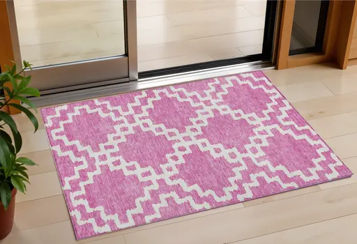 3' X 5' Blush And Ivory Geometric Washable Indoor Outdoor Area Rug