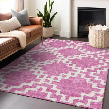 3' X 5' Blush And Ivory Geometric Washable Indoor Outdoor Area Rug