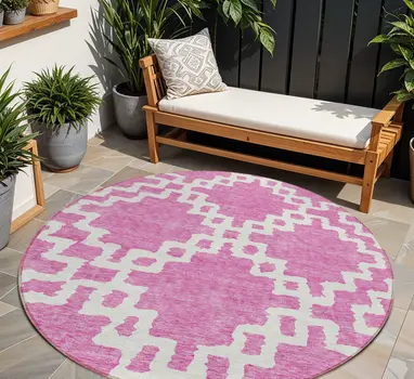 8' Blush And Ivory Round Geometric Washable Indoor Outdoor Area Rug