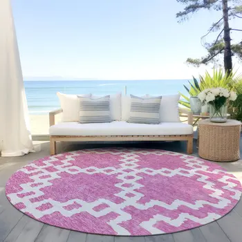 8' Blush And Ivory Round Geometric Washable Indoor Outdoor Area Rug