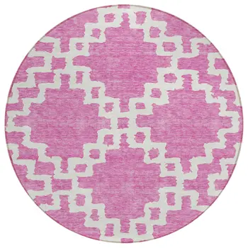 8' Blush And Ivory Round Geometric Washable Indoor Outdoor Area Rug