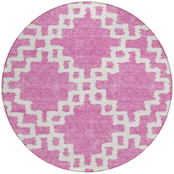 8' Blush And Ivory Round Geometric Washable Indoor Outdoor Area Rug