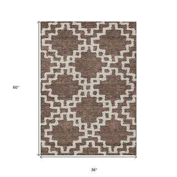 3' X 5' Brown And Ivory Geometric Washable Indoor Outdoor Area Rug