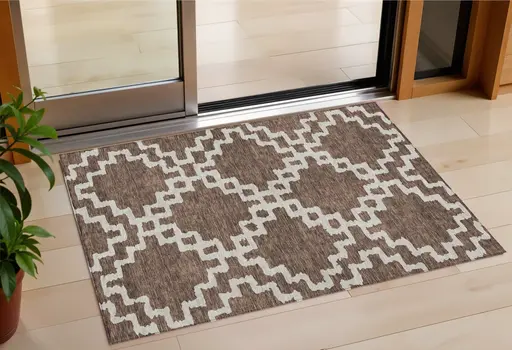 3' X 5' Brown And Ivory Geometric Washable Indoor Outdoor Area Rug