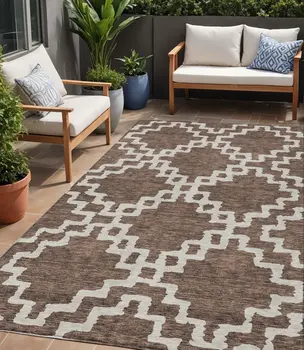 5' X 8' Brown And Ivory Geometric Washable Indoor Outdoor Area Rug