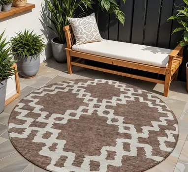 8' Brown And Ivory Round Geometric Washable Indoor Outdoor Area Rug