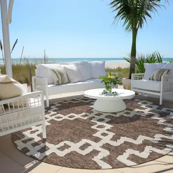 8' Brown And Ivory Round Geometric Washable Indoor Outdoor Area Rug