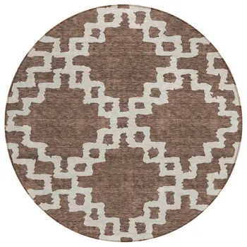 8' Brown And Ivory Round Geometric Washable Indoor Outdoor Area Rug