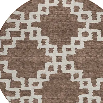 8' Brown And Ivory Round Geometric Washable Indoor Outdoor Area Rug