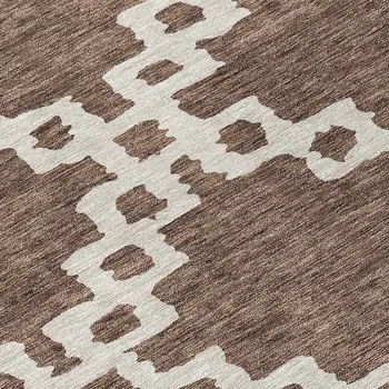 8' Brown And Ivory Round Geometric Washable Indoor Outdoor Area Rug