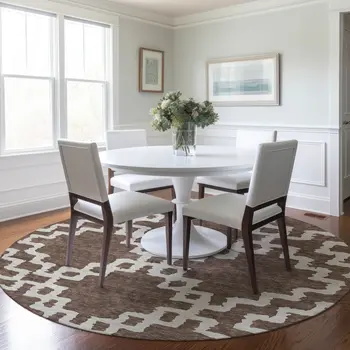 8' Brown And Ivory Round Geometric Washable Indoor Outdoor Area Rug