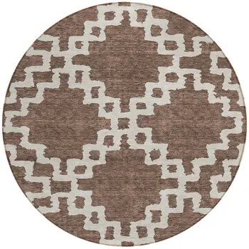 8' Brown And Ivory Round Geometric Washable Indoor Outdoor Area Rug