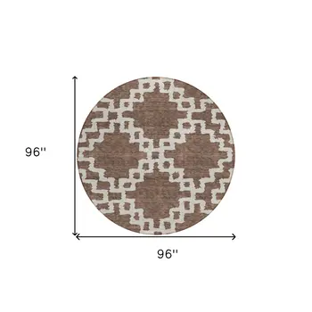 8' Brown And Ivory Round Geometric Washable Indoor Outdoor Area Rug