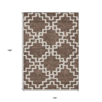 10' X 14' Brown And Ivory Geometric Washable Indoor Outdoor Area Rug