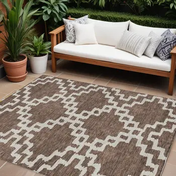 10' X 14' Brown And Ivory Geometric Washable Indoor Outdoor Area Rug