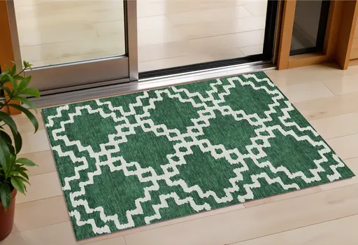 3' X 5' Emerald And Ivory Geometric Washable Indoor Outdoor Area Rug