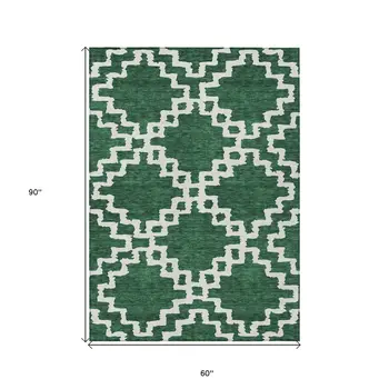 5' X 8' Emerald And Ivory Geometric Washable Indoor Outdoor Area Rug
