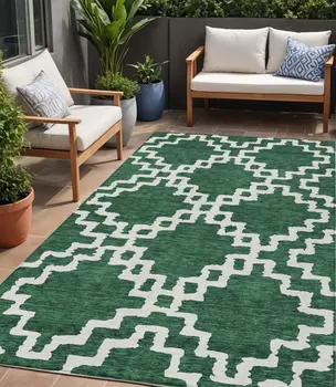 5' X 8' Emerald And Ivory Geometric Washable Indoor Outdoor Area Rug