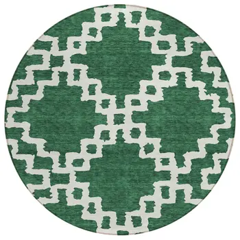 8' Emerald And Ivory Round Geometric Washable Indoor Outdoor Area Rug