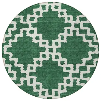 8' Emerald And Ivory Round Geometric Washable Indoor Outdoor Area Rug