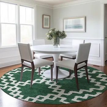 8' Emerald And Ivory Round Geometric Washable Indoor Outdoor Area Rug