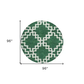 8' Emerald And Ivory Round Geometric Washable Indoor Outdoor Area Rug