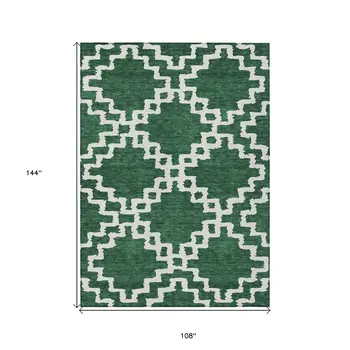 9' X 12' Emerald And Ivory Geometric Washable Indoor Outdoor Area Rug