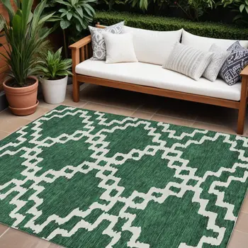 9' X 12' Emerald And Ivory Geometric Washable Indoor Outdoor Area Rug