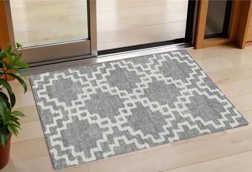 3' X 5' Gray And Ivory Geometric Washable Indoor Outdoor Area Rug
