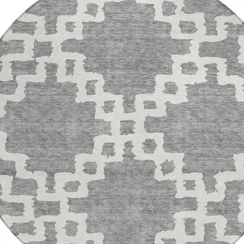 8' Gray And Ivory Round Geometric Washable Indoor Outdoor Area Rug